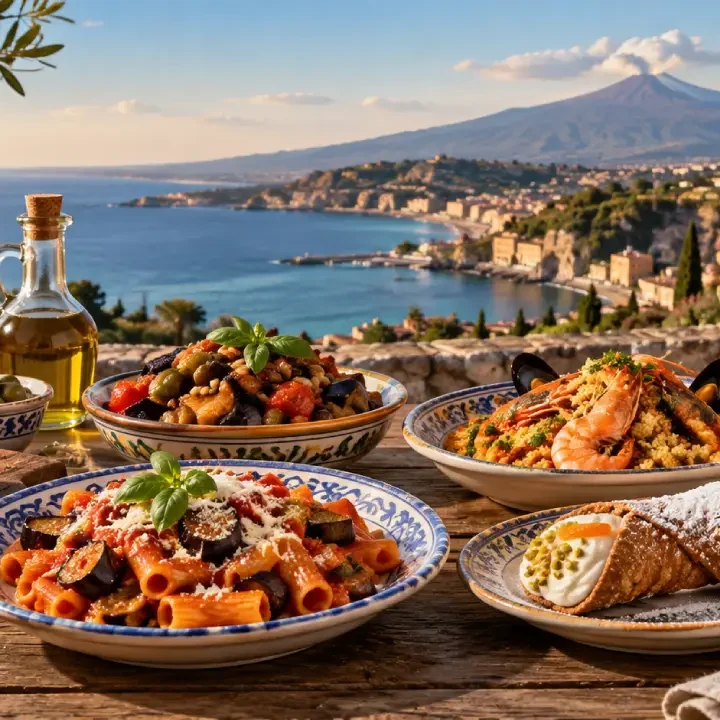 Piatti tipici della cucina siciliana con vista sull'Etna
