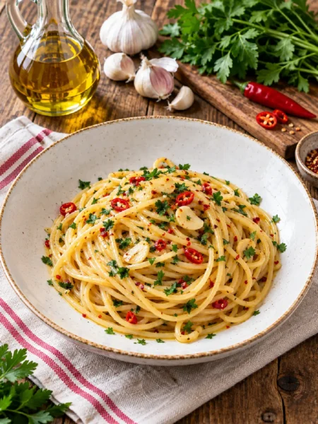 Pasta aglio olio e peperoncino con spaghetti, aglio e peperoncino fresco