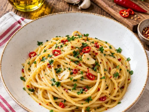 Pasta aglio olio e peperoncino con spaghetti, aglio e peperoncino fresco