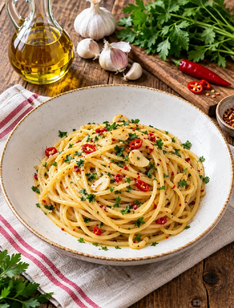 Pasta aglio olio e peperoncino con spaghetti, aglio e peperoncino fresco