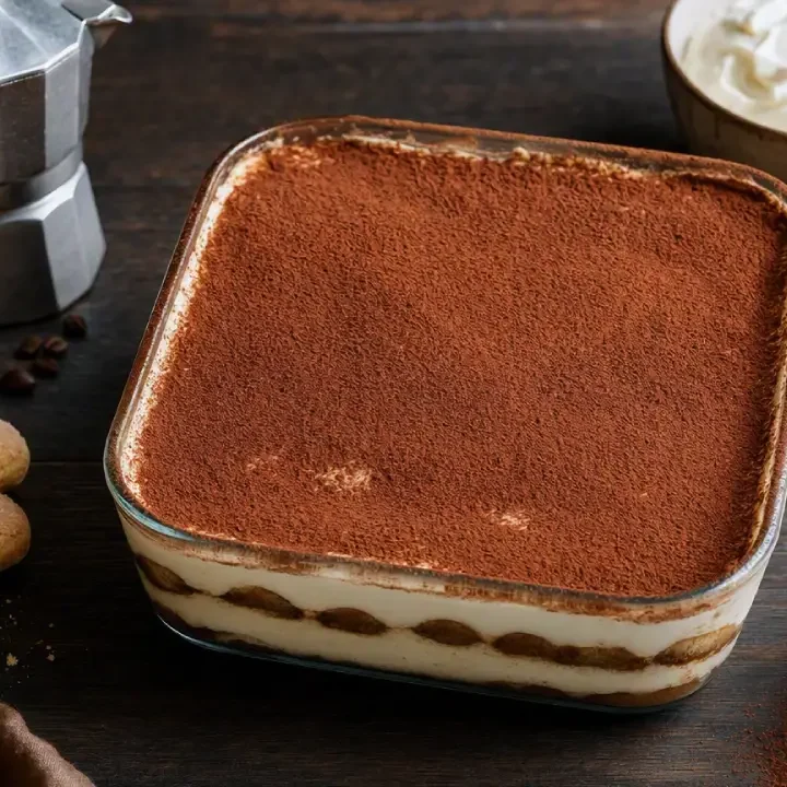Traditional Italian Tiramisu with mascarpone, coffee, ladyfingers and cocoa