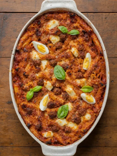Ziti al forno alla napoletana con ragù, polpettine e formaggio
