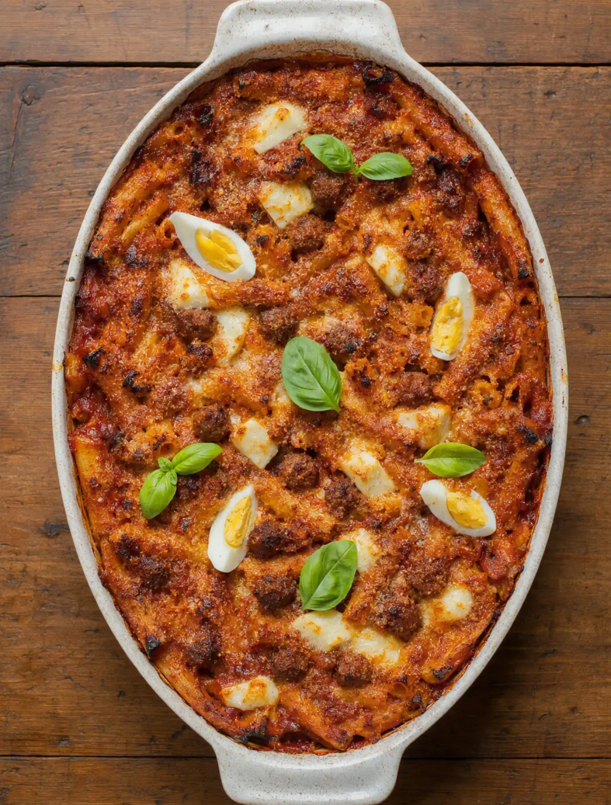 Ziti al forno alla napoletana con ragù, polpettine e formaggio