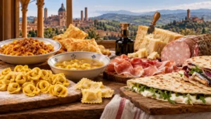 Piatti tipici della cucina emiliano-romagnola con tortellini, tagliatelle al ragù, piadina, salumi e Parmigiano