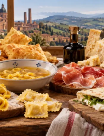 Piatti tipici della cucina emiliano-romagnola con tortellini, tagliatelle al ragù, piadina, salumi e Parmigiano