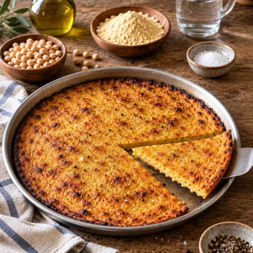 Farinata Genovese dorata in teglia con una fetta tagliata