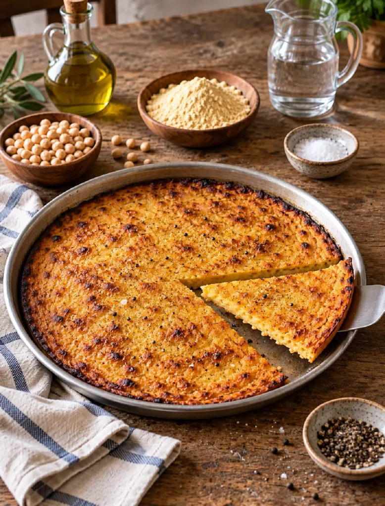Golden Genoese Farinata in a round pan with one slice cut