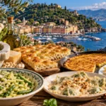 Piatti tipici della cucina ligure con pesto, focaccia, farinata e trofie