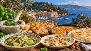 Piatti tipici della cucina ligure con pesto, focaccia, farinata e trofie