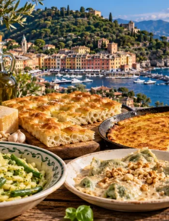 Piatti tipici della cucina ligure con pesto, focaccia, farinata e trofie