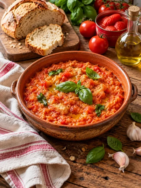 Pappa al Pomodoro toscana con pane raffermo, pomodoro e basilico