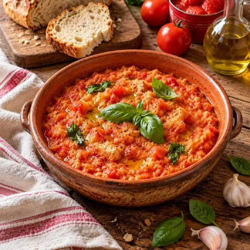 Pappa al Pomodoro toscana con pane raffermo, pomodoro e basilico