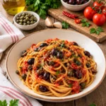 Pasta alla Puttanesca con olive di Gaeta, capperi e pomodoro