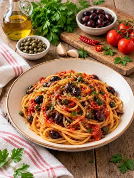 Pasta alla Puttanesca con olive di Gaeta, capperi e pomodoro