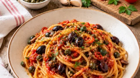 Pasta alla Puttanesca con olive di Gaeta, capperi e pomodoro
