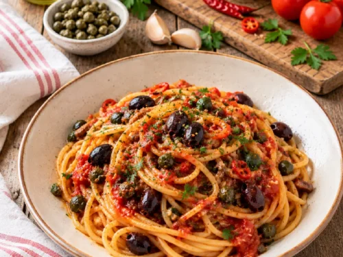 Pasta alla Puttanesca con olive di Gaeta, capperi e pomodoro
