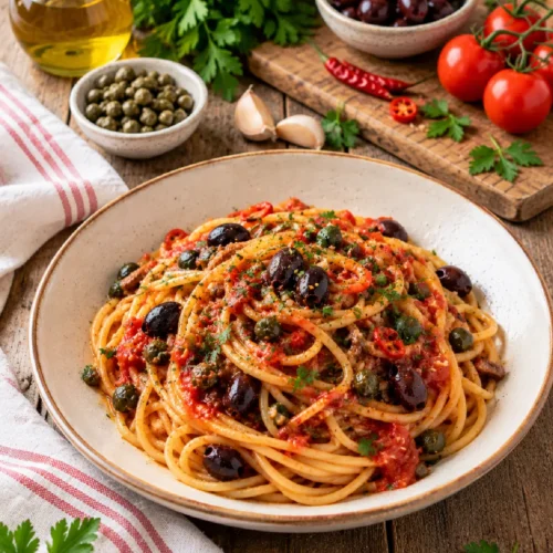 Pasta alla Puttanesca con olive di Gaeta, capperi e pomodoro