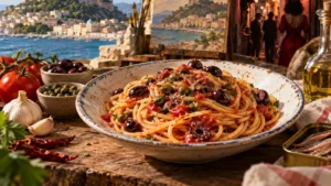 Pasta alla Puttanesca con pomodoro, olive e capperi, Ischia sullo sfondo