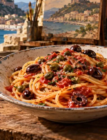 Pasta alla Puttanesca con pomodoro, olive e capperi, Ischia sullo sfondo