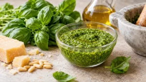 Pesto verde con basilico fresco, pinoli, Parmigiano, olio e mortaio