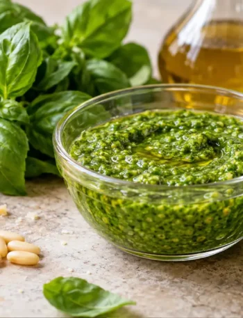 Pesto verde con basilico fresco, pinoli, Parmigiano, olio e mortaio