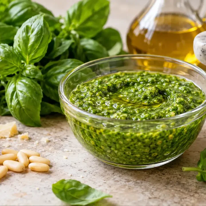 Pesto verde con basilico fresco, pinoli, Parmigiano, olio e mortaio
