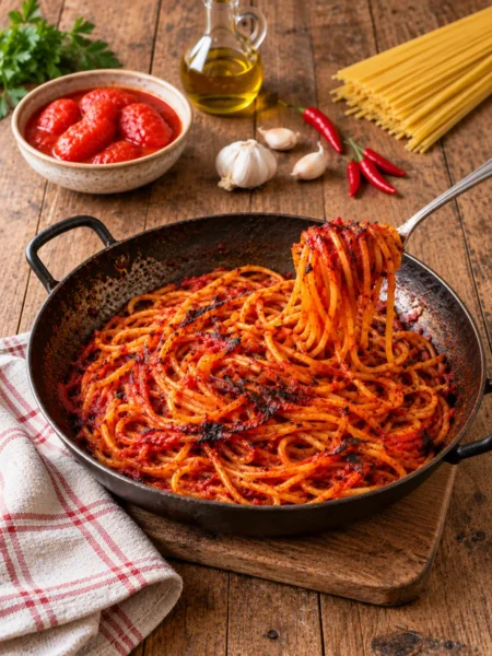 Spaghetti all’Assassina abbrustoliti nella padella di ferro