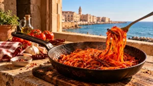 Spaghetti all’Assassina nella padella di ferro con Bari sullo sfondo