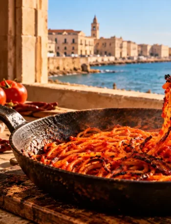 Spaghetti all’Assassina nella padella di ferro con Bari sullo sfondo
