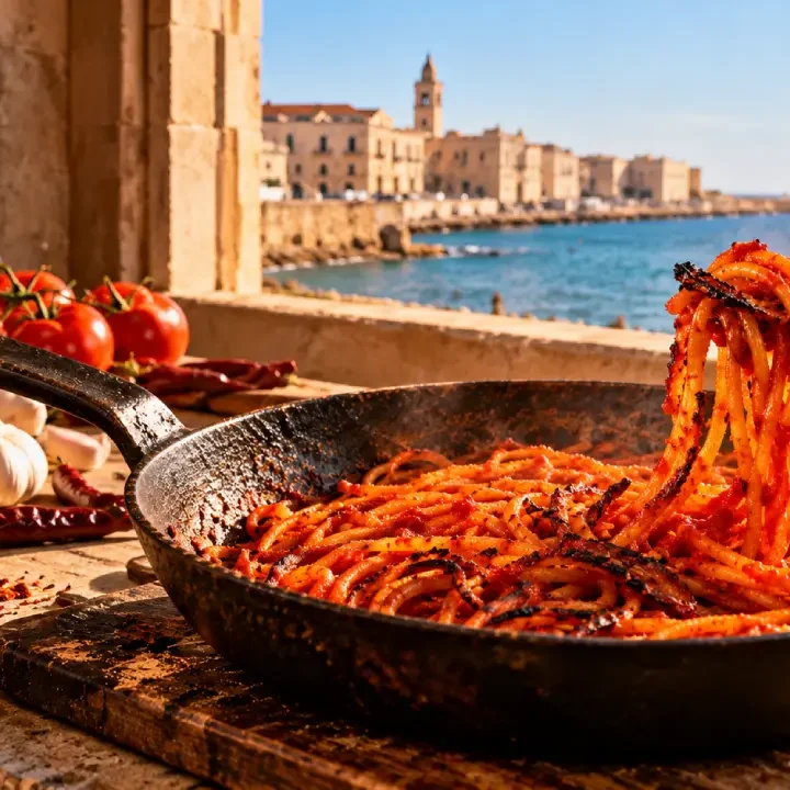 Spaghetti all’Assassina nella padella di ferro con Bari sullo sfondo