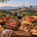 Tuscan cuisine with typical dishes and a Tuscany landscape