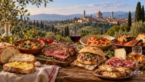 Cucina toscana con piatti tipici e paesaggio della Toscana