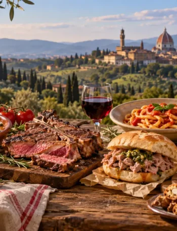 Cucina toscana con piatti tipici e paesaggio della Toscana