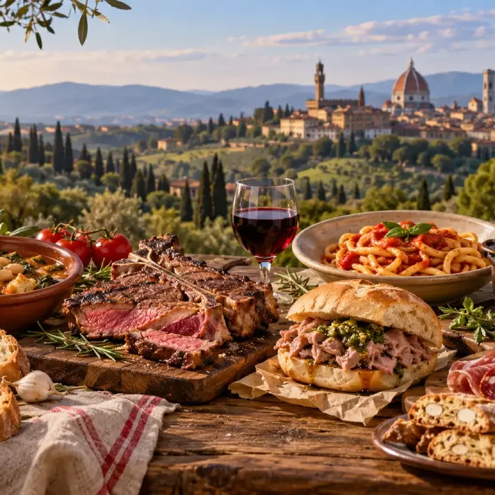 Cucina toscana con piatti tipici e paesaggio della Toscana