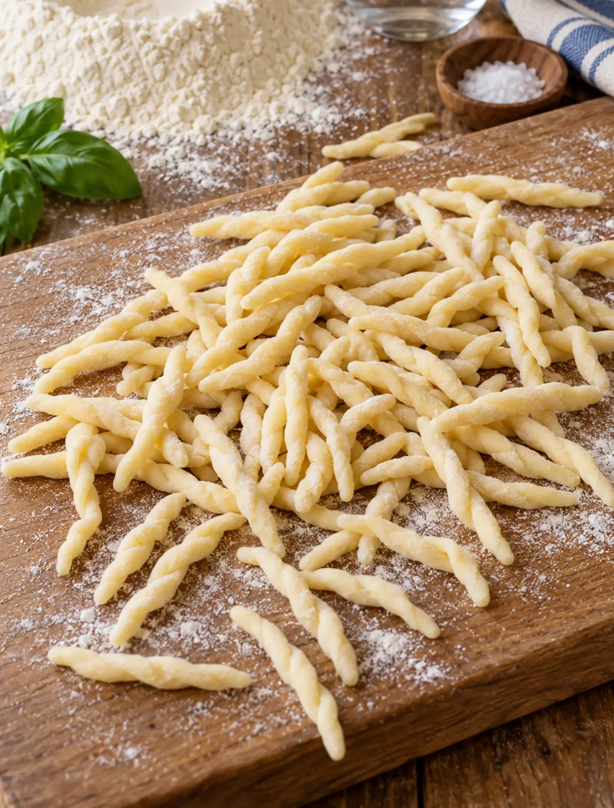 Trofie fatte in casa preparate a mano sulla spianatoia