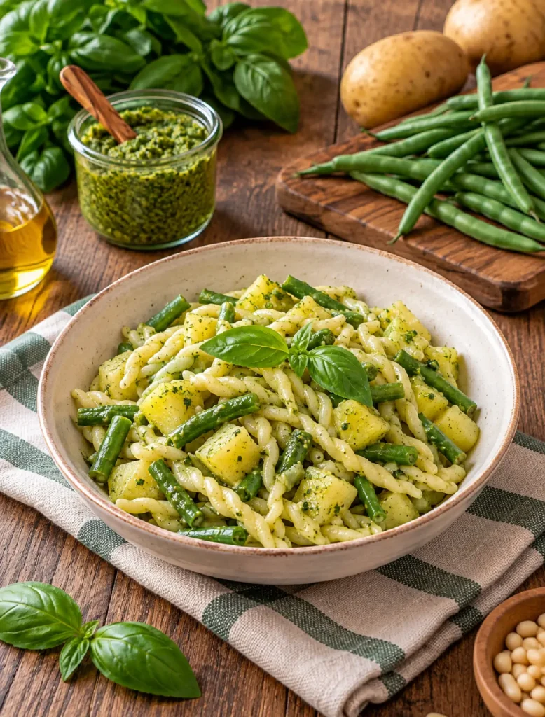 Trofie with pesto, potatoes and green beans